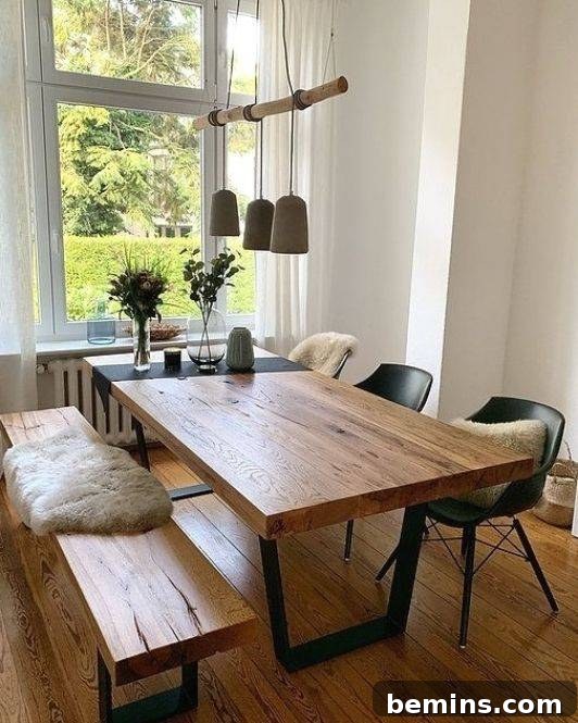 Wood bench with metal chairs