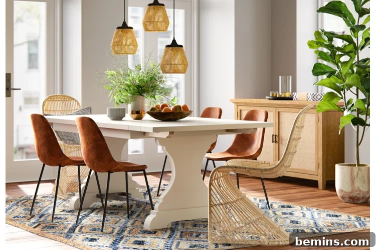 Cream colored dining table with brown wicker chair and brown upholstered chairs