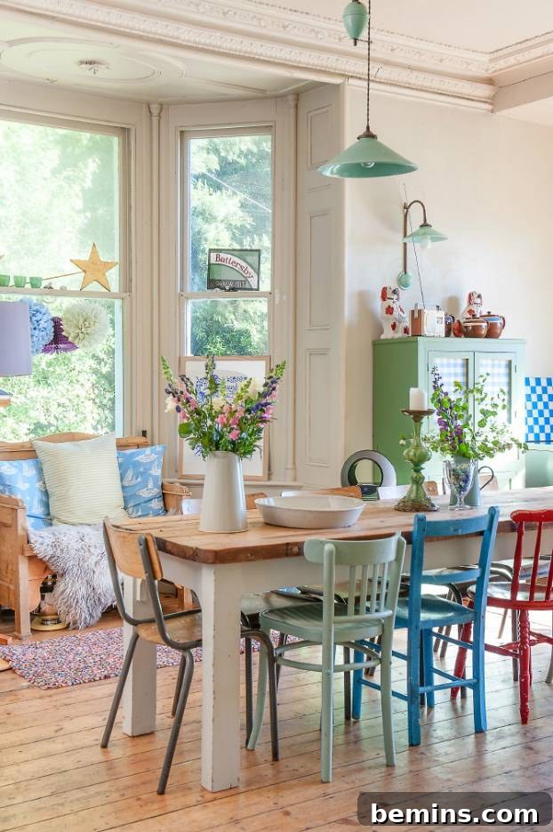 Blue and red mix and match dining chairs at brown dining table