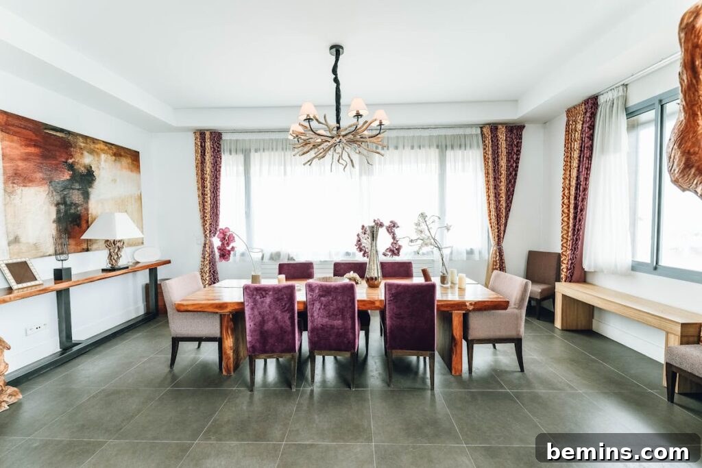 Elegant modern dining room featuring artistic decor, velvet chairs, and a unique chandelier.