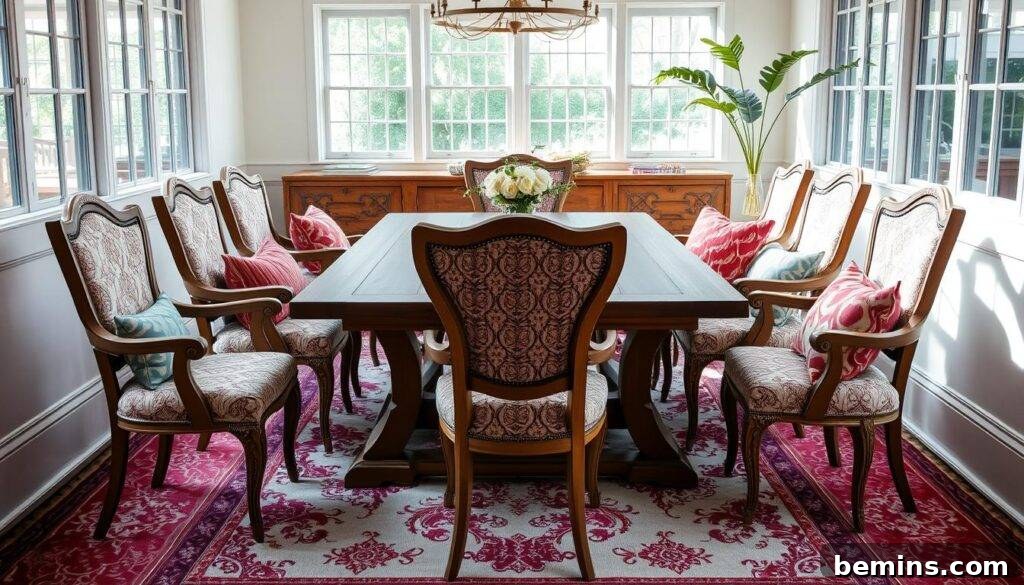 Brown dining room table with cushions on chairs
