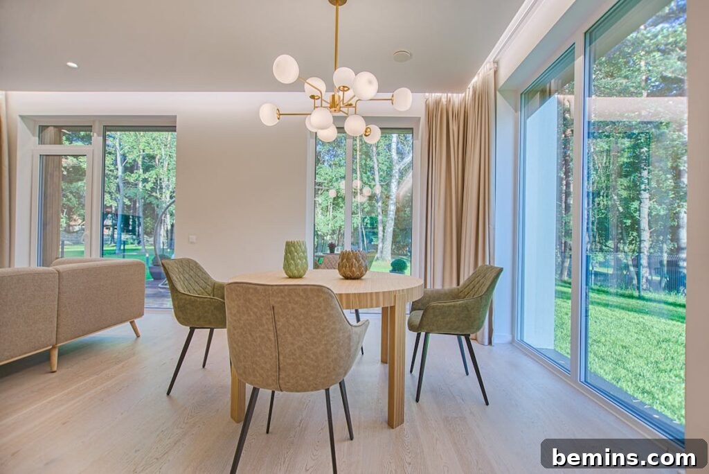 Elegant dining room featuring modern furniture and large windows for natural light.
