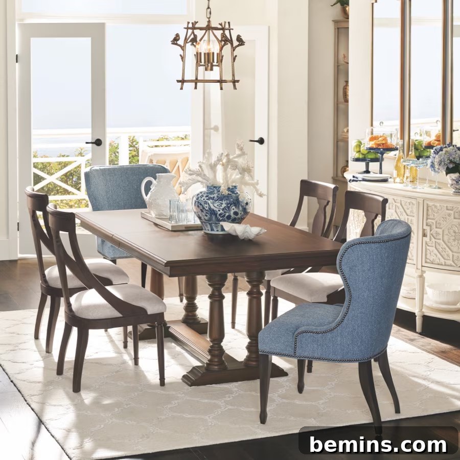 Brown dining table with blue wing backed chairs