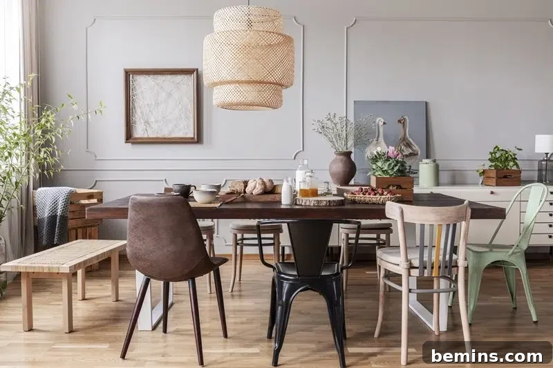 Dining table with bar stools, a bench, and upholstered chairs