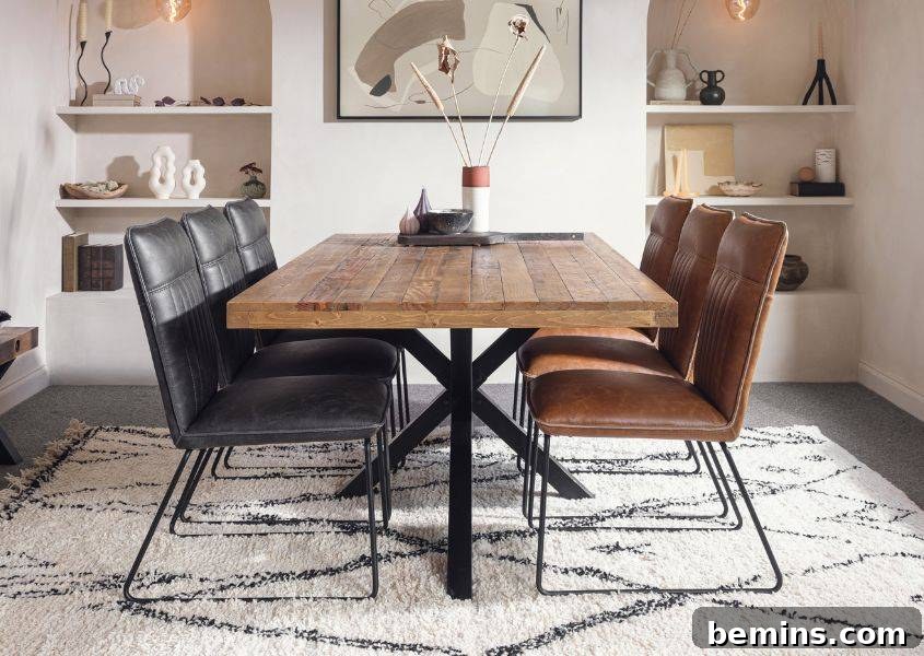 Brown dining table in living room with three black chairs and three brown chairs