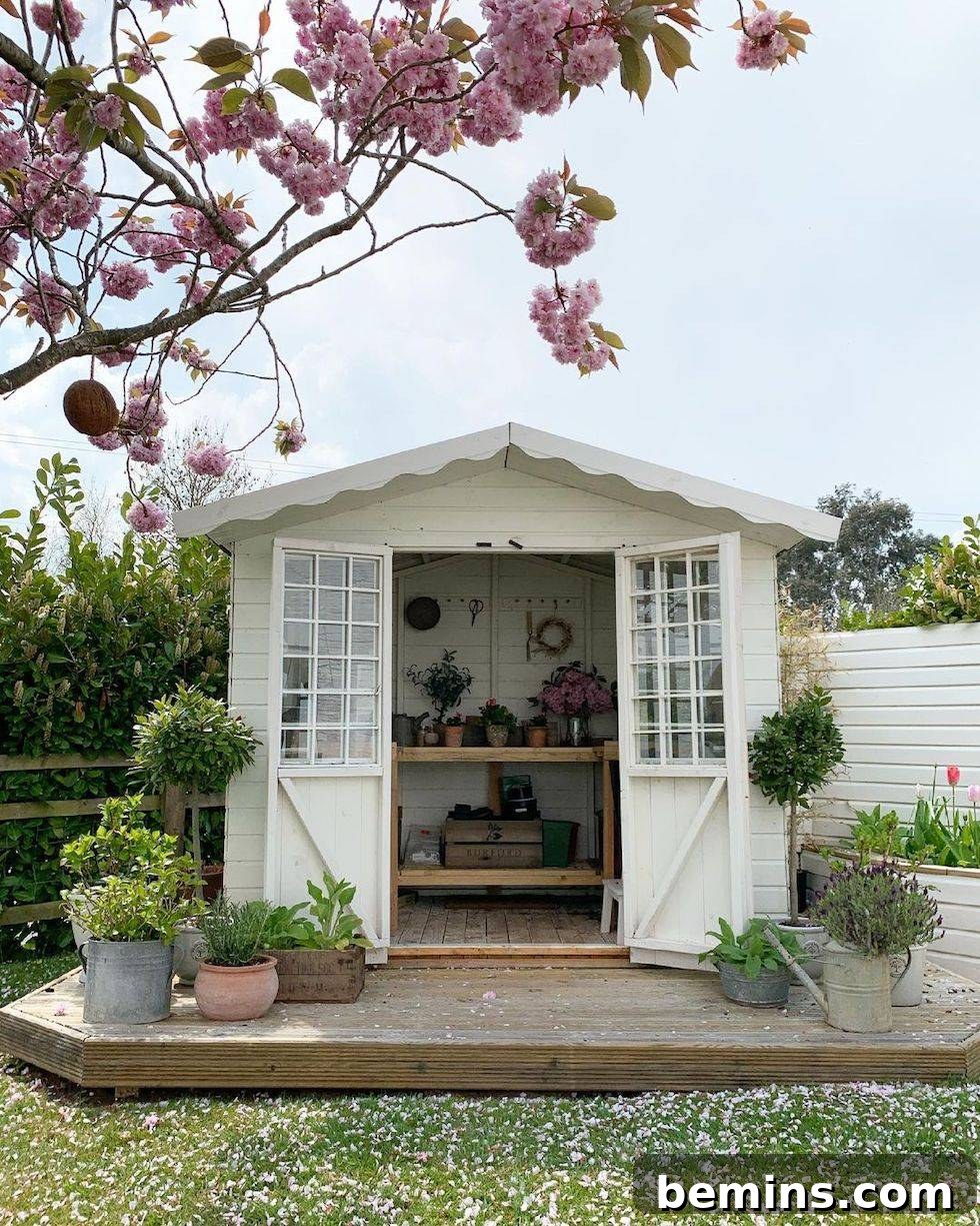 White shed with plants outside of it and pots for potting plants inside