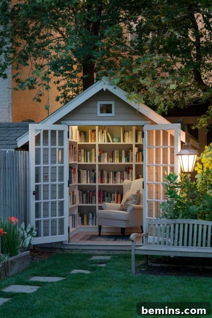 Grey shed with books on shelves inside