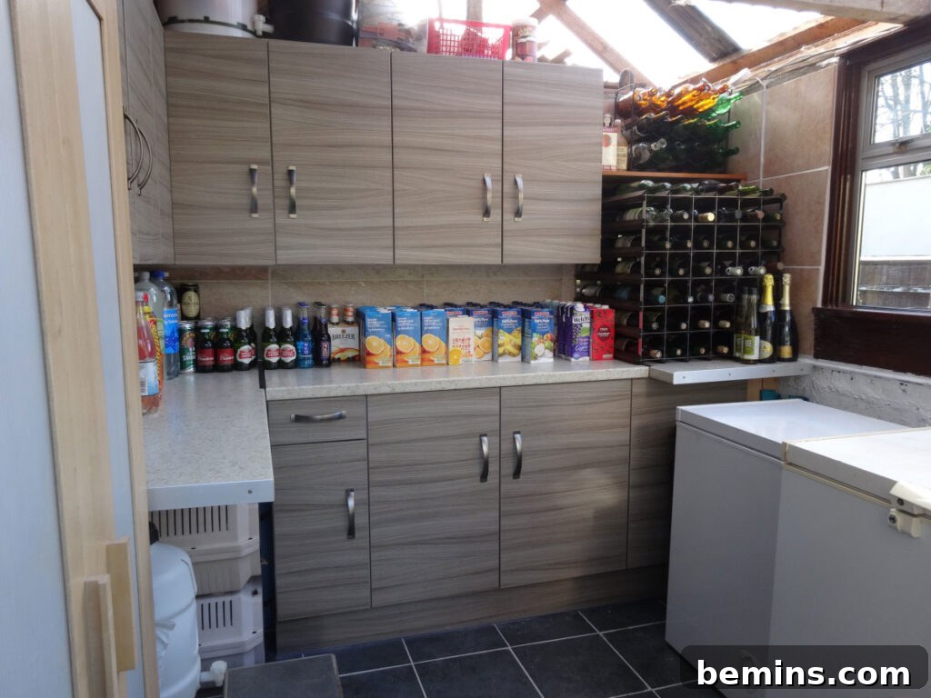 Shed with canned and bottled food items inside on counter