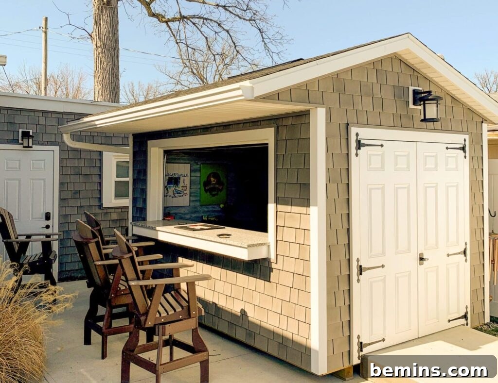 Brown shed with open window and bar stools