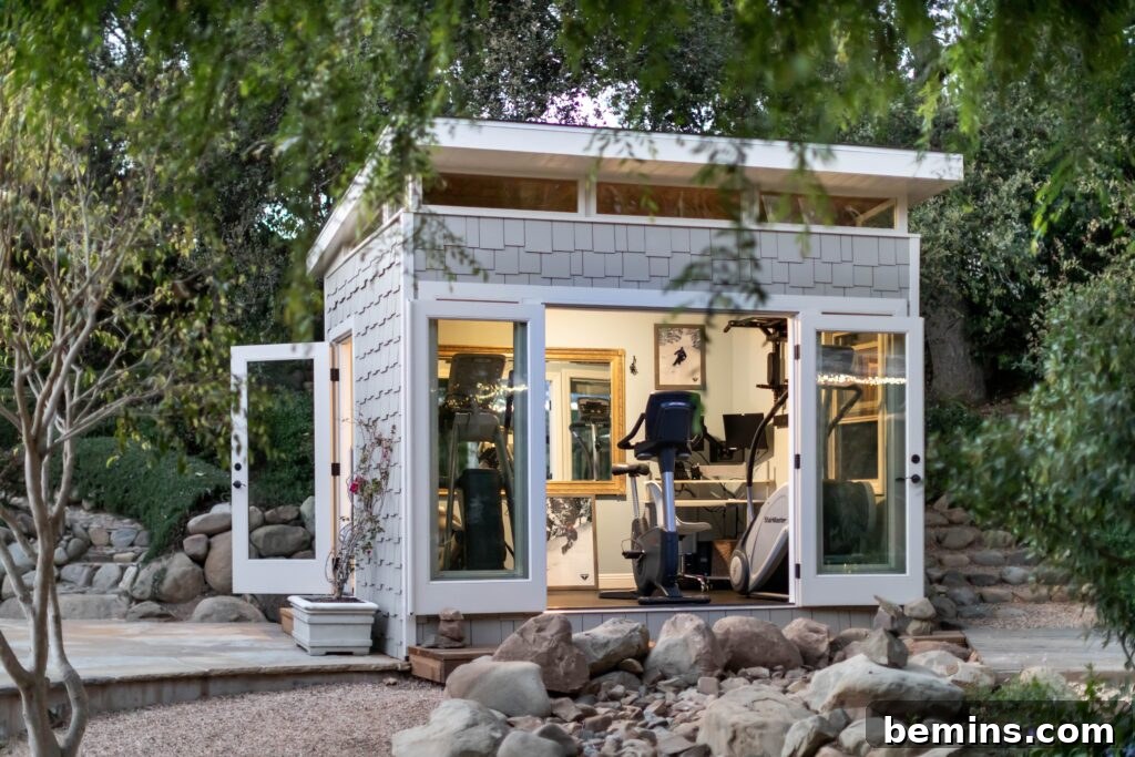 White shed with gym equipment inside