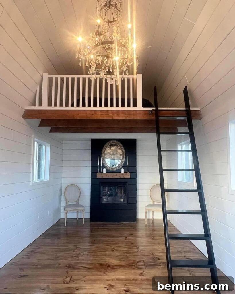 White shed interior with loft and ladder