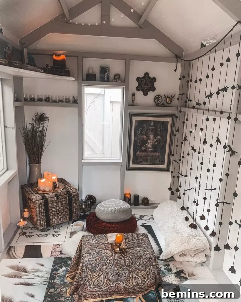 White shed interior with decorative floor pillows and beads hanging from wall
