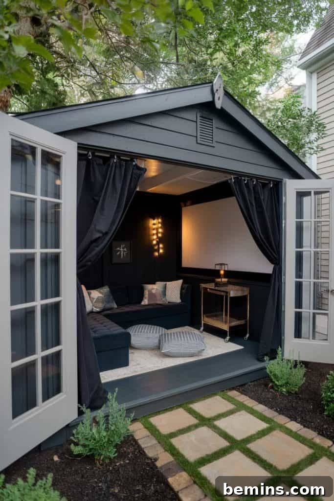 Grey shed with white doors and projector screen inside