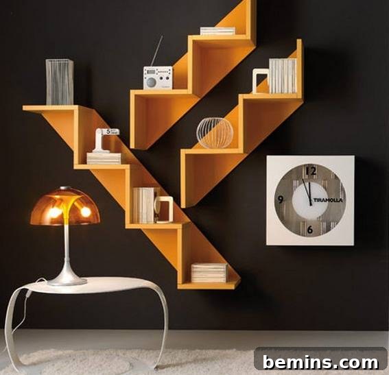12 Breathtaking Modern Home Libraries and Bookshelves 3 A unique and colorful DIYable bookshelf design that adds architectural interest and a vibrant pop of color to a modern living space.