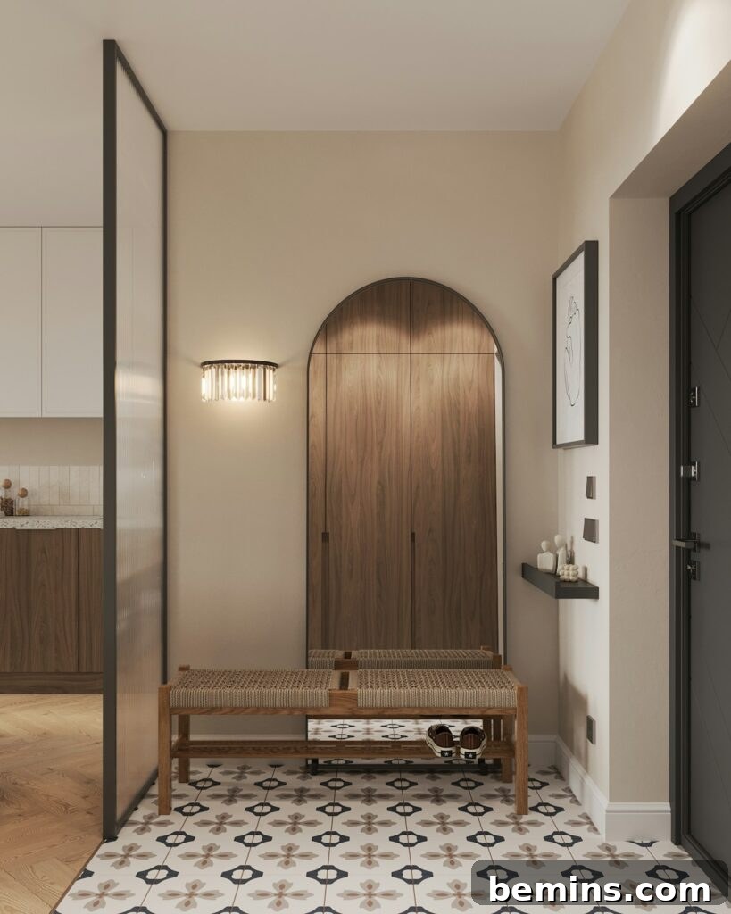 Elevate Your Entryway: Stunning Foyer Design Inspirations 11 A room with a table and a bench in it