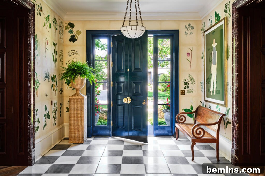 Elevate Your Entryway: Stunning Foyer Design Inspirations 4 Interior of foyer with checkered floor and blue door
