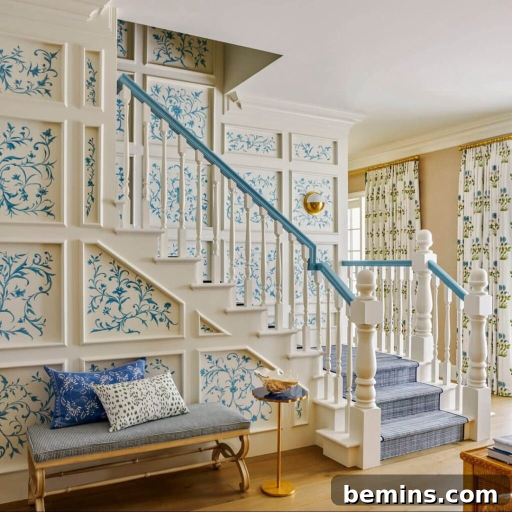 Elevate Your Entryway: Stunning Foyer Design Inspirations 7 Foyer with cream stairs and blue trim
