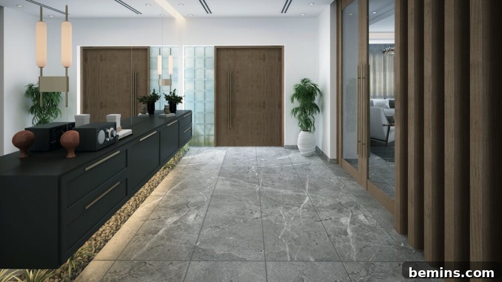 Elevate Your Entryway: Stunning Foyer Design Inspirations 8 A stunning modern interior showcasing minimalist design with luxurious details and indoor plants.