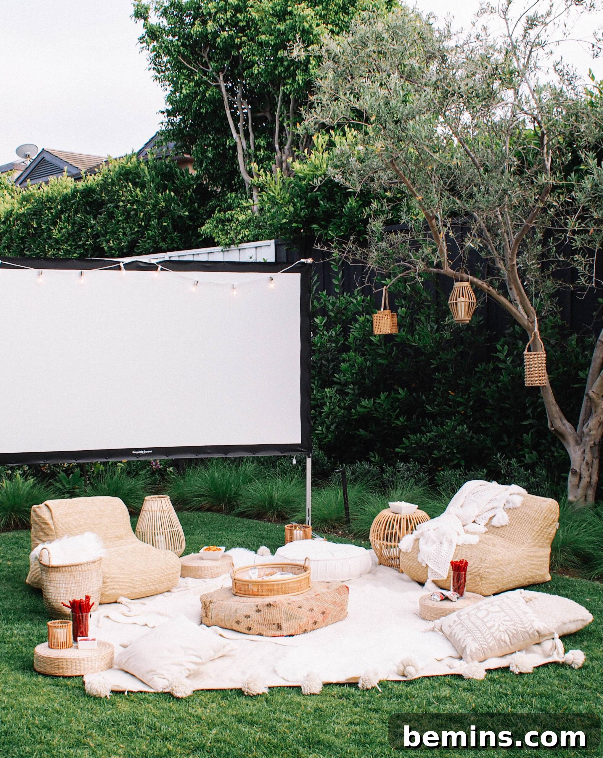 Effortless Home Oasis: Your Guide to a Summer Staycation 11 Cream lounge chairs and rug with projector in backyard