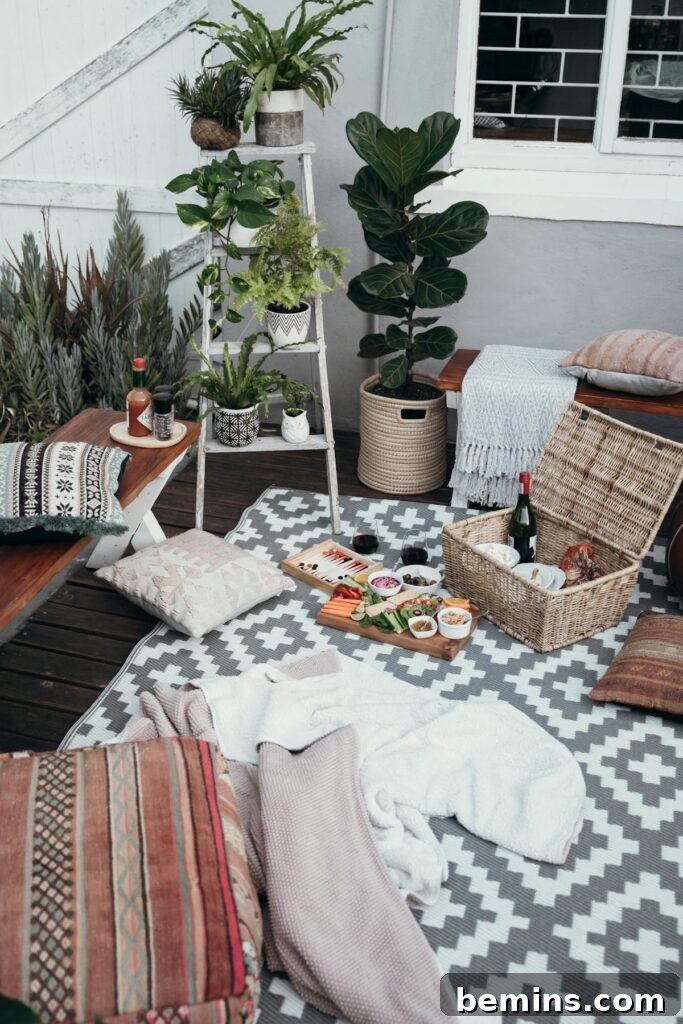 Effortless Home Oasis: Your Guide to a Summer Staycation 12 Stylish indoor picnic setting with food and lush plants creating a cozy atmosphere.