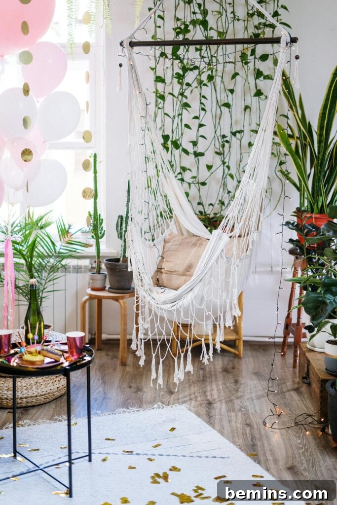 Effortless Home Oasis: Your Guide to a Summer Staycation 14 Cozy indoor space with a hammock, plants, and festive decorations including balloons and party items.
