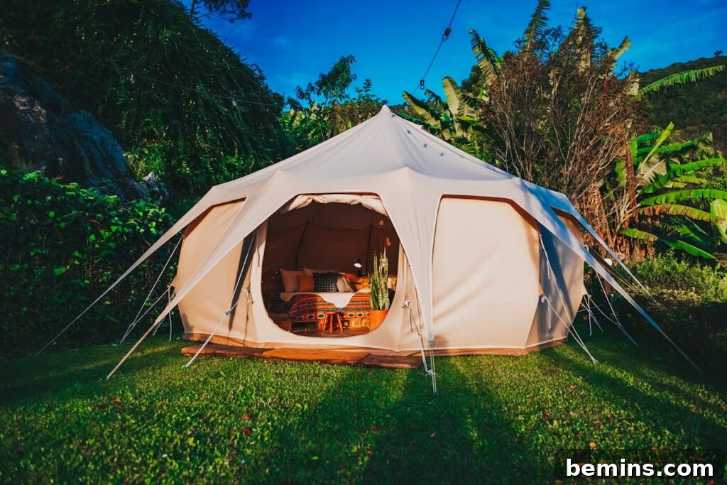 Effortless Home Oasis: Your Guide to a Summer Staycation 20 Spacious glamping tent set in a vibrant garden in São Paulo, Brazil, offering a luxurious camping experience surrounded by nature.