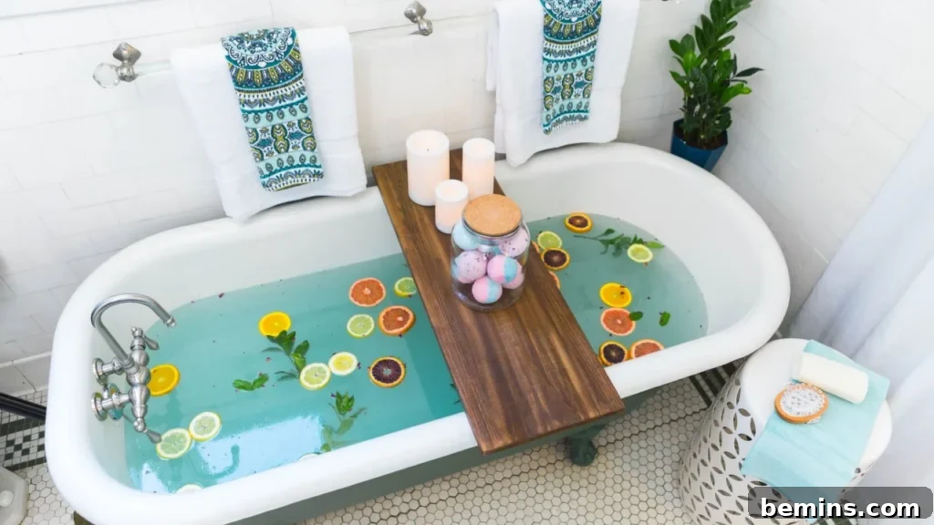 Effortless Home Oasis: Your Guide to a Summer Staycation 21 White bathtub with fruit slices and wooden tub tray