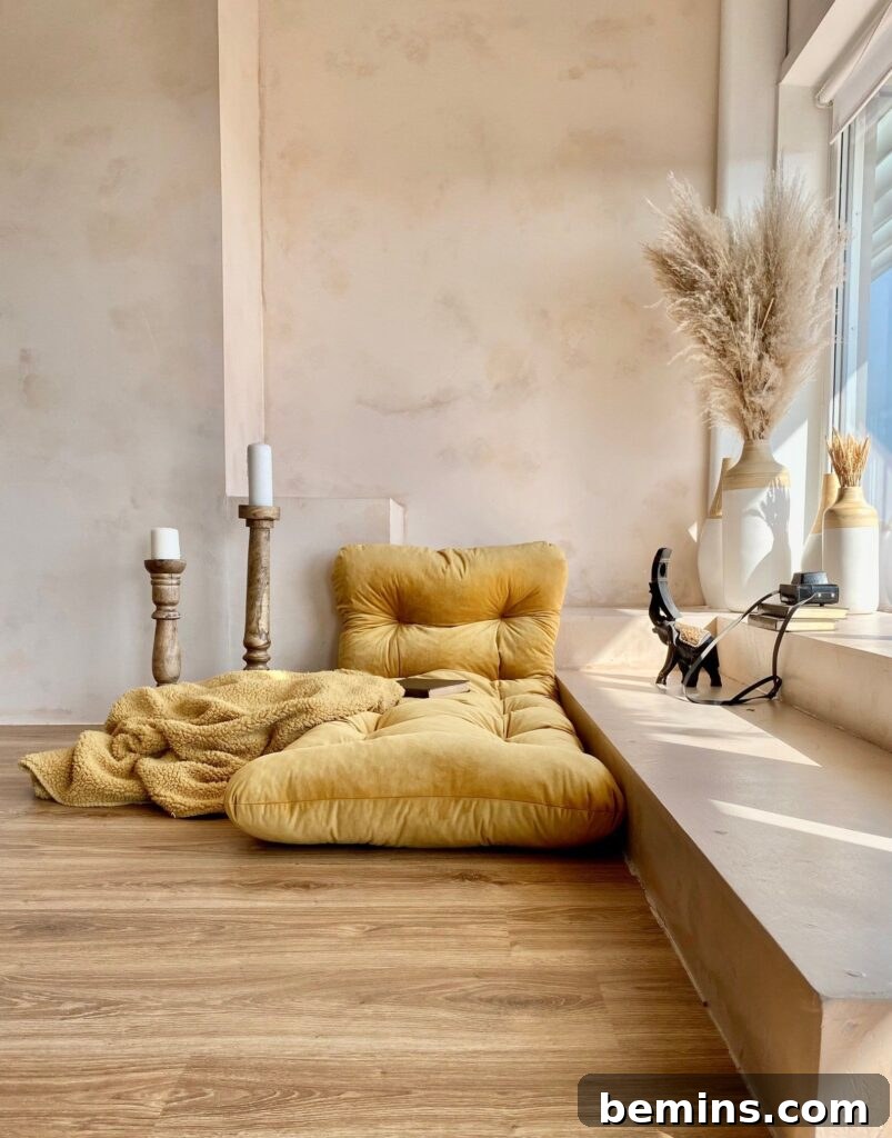 Effortless Home Oasis: Your Guide to a Summer Staycation 7 Yellow floor pillows next to candles in cream room