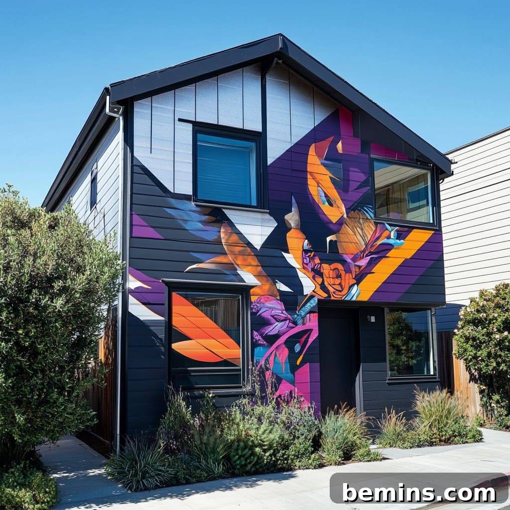 Transform Your Garden with Brilliant Uplighting Designs 18 White house with a vibrant, colorful mural on the wall, illuminated by uplights