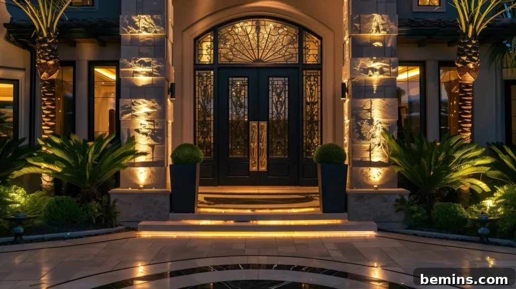 Transform Your Garden with Brilliant Uplighting Designs 9 Home entryway with two black doors and warm yellow uplights