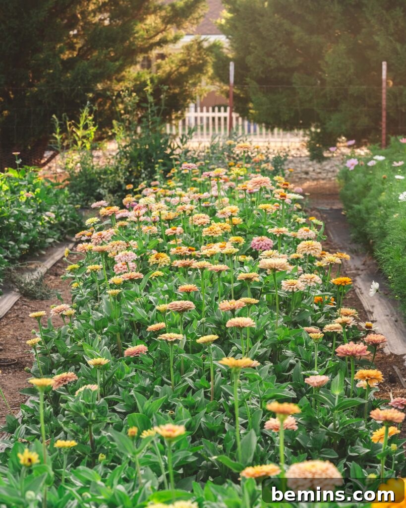 Zinnias in large garden with white fence
