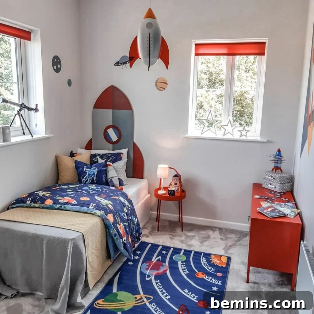 Launch Their Imagination: 20 Ultimate Space-Themed Kids Room Ideas 2 Vibrant red and white space-themed room featuring a prominent red rocket wall decal and a galaxy-patterned carpet, creating an immersive cosmic environment.