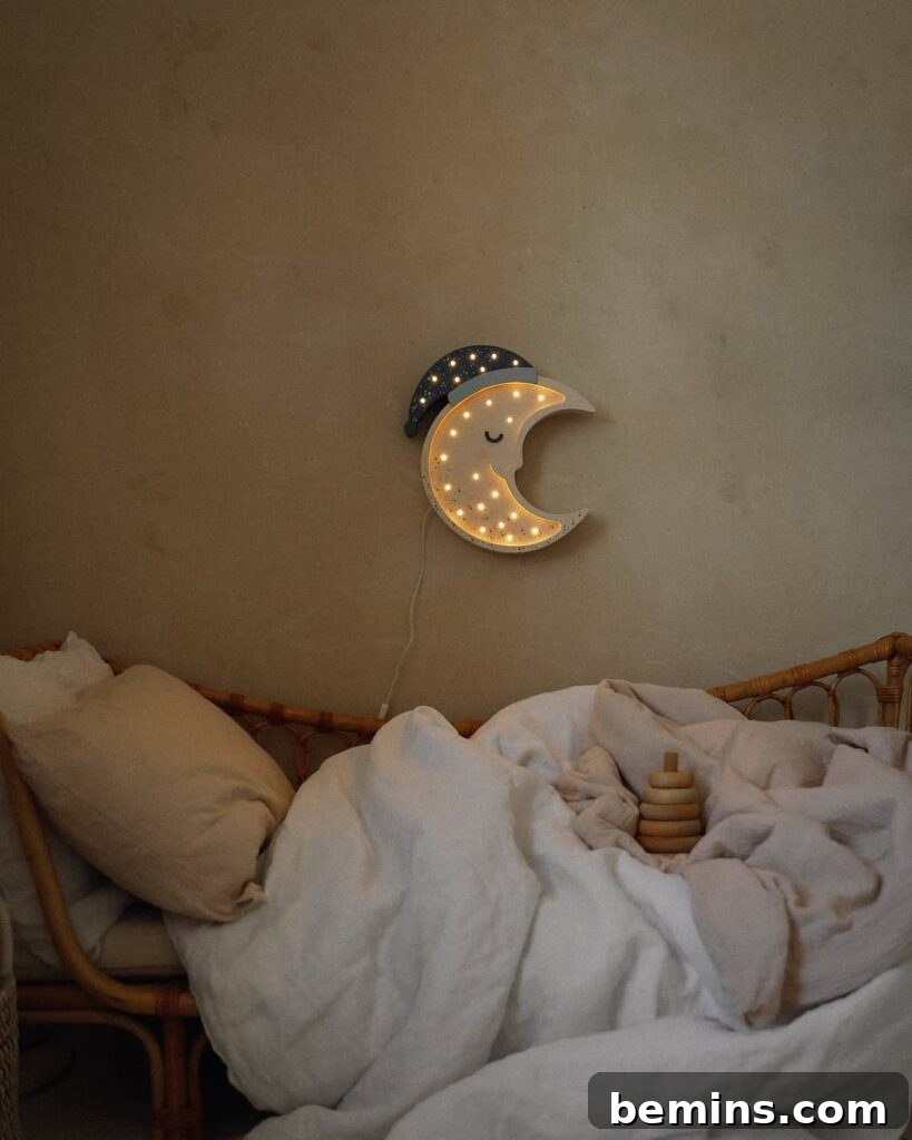 Launch Their Imagination: 20 Ultimate Space-Themed Kids Room Ideas 12 A large, soft-glowing moon night light positioned next to a bed, casting a gentle, comforting light in a space-themed room.