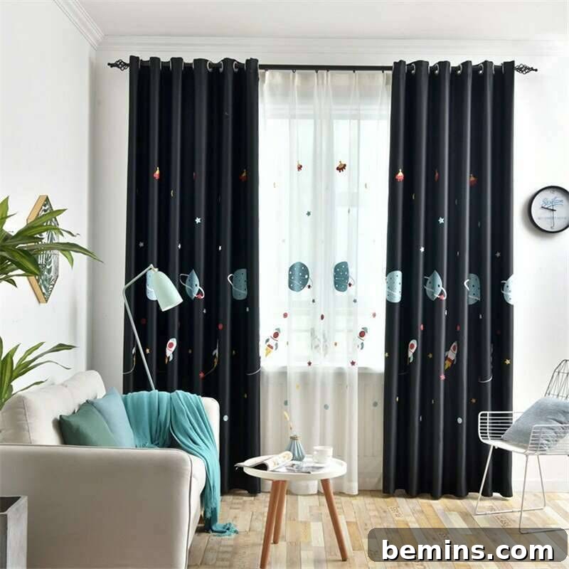 Launch Their Imagination: 20 Ultimate Space-Themed Kids Room Ideas 13 Children's room featuring vibrant spaceship-themed curtains, adding a playful and adventurous touch to the decor.