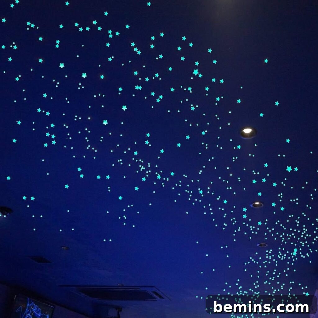 Launch Their Imagination: 20 Ultimate Space-Themed Kids Room Ideas 14 A child's room ceiling adorned with numerous glow-in-the-dark stars, creating a magical, starry night sky effect.