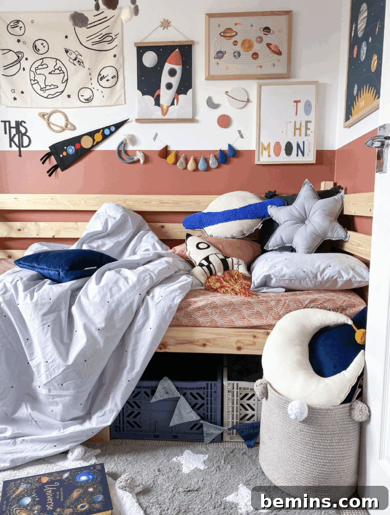 Launch Their Imagination: 20 Ultimate Space-Themed Kids Room Ideas 15 A planet-themed kids' room decorated with various plush planet toys, creating a soft, inviting, and educational space.