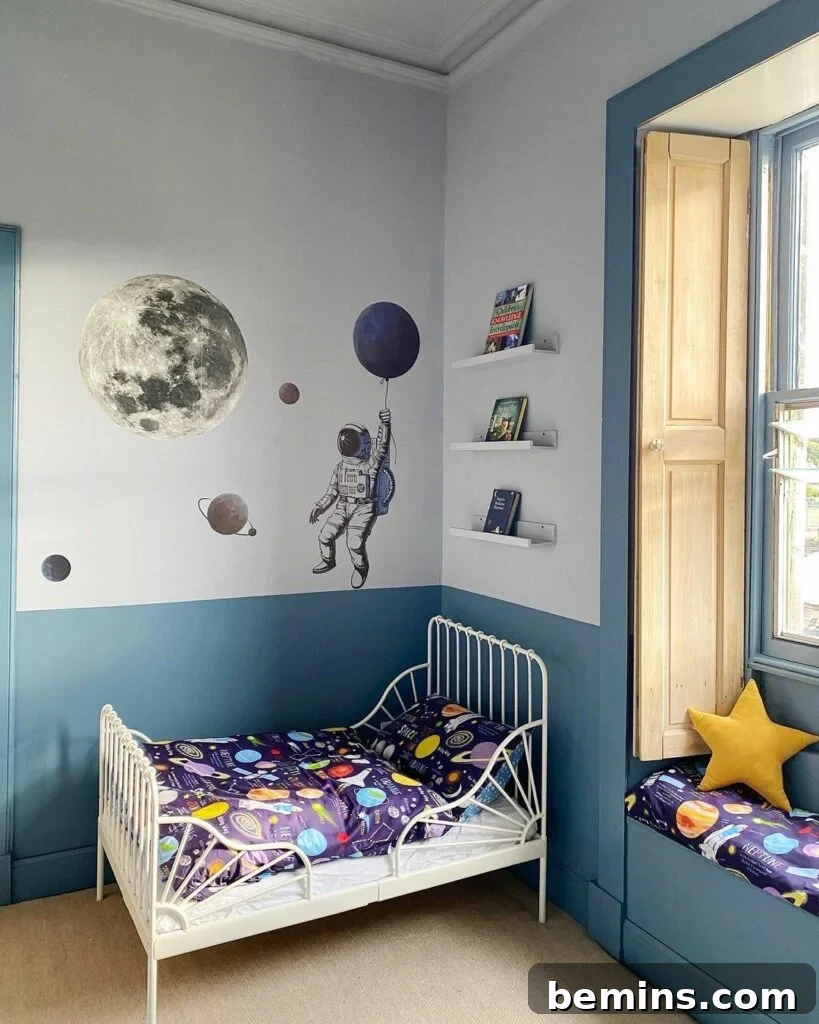 Launch Their Imagination: 20 Ultimate Space-Themed Kids Room Ideas 17 A charming space-themed reading nook adorned with star pillows and fairy lights, creating a cozy and inviting corner for children.