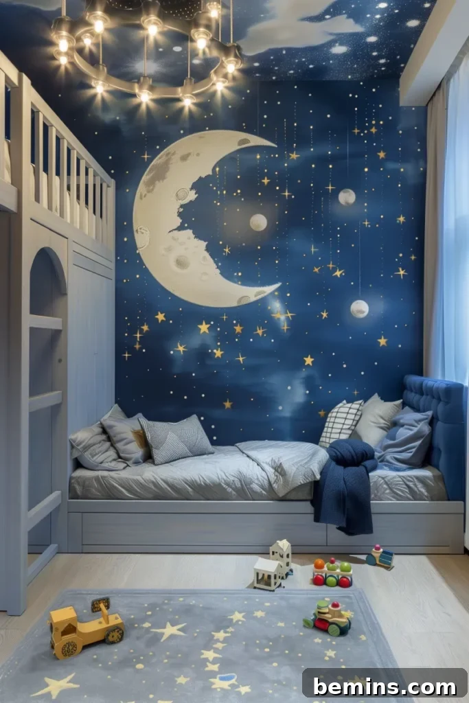 Launch Their Imagination: 20 Ultimate Space-Themed Kids Room Ideas 18 A child's bedroom featuring a starry sky bed and a matching space-themed rug, creating a cohesive and dreamy cosmic environment.