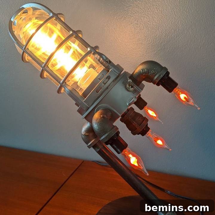 Launch Their Imagination: 20 Ultimate Space-Themed Kids Room Ideas 19 A creative DIY space lamp shaped like a rocket, adding a unique and personalized touch to a space-themed room.