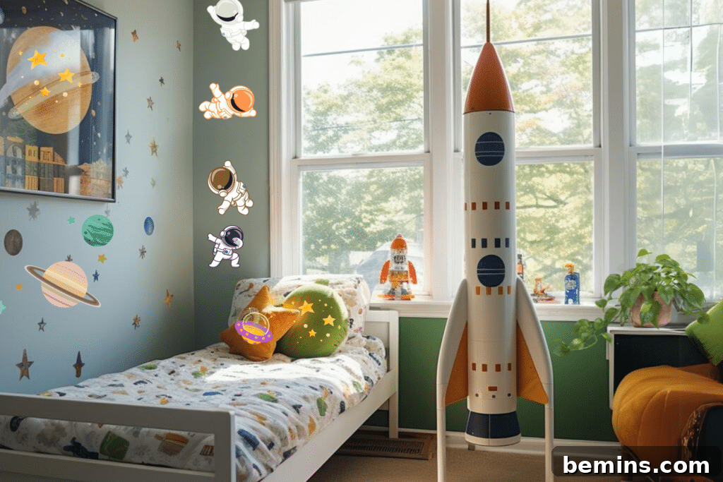 Launch Their Imagination: 20 Ultimate Space-Themed Kids Room Ideas 3 A charming space-themed kids' room featuring a rocket toy placed next to a twin bed positioned by a large window, bathed in natural light.