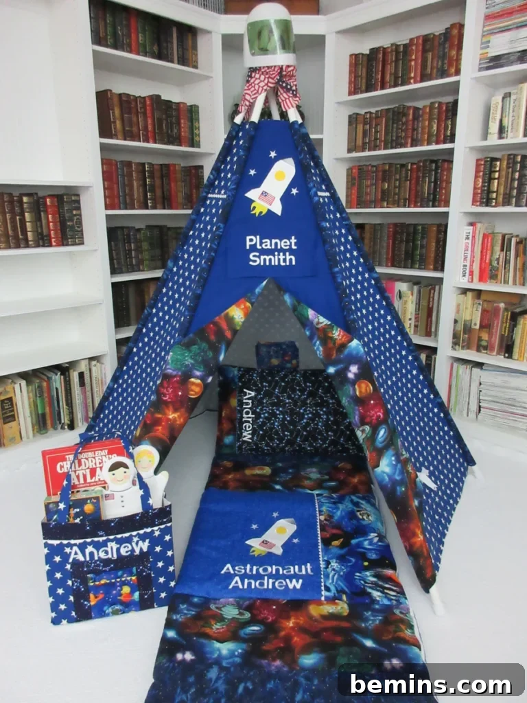 Launch Their Imagination: 20 Ultimate Space-Themed Kids Room Ideas 21 A charming blue DIY rocket ship tent, providing a fun and imaginative play space in a child's space-themed bedroom.