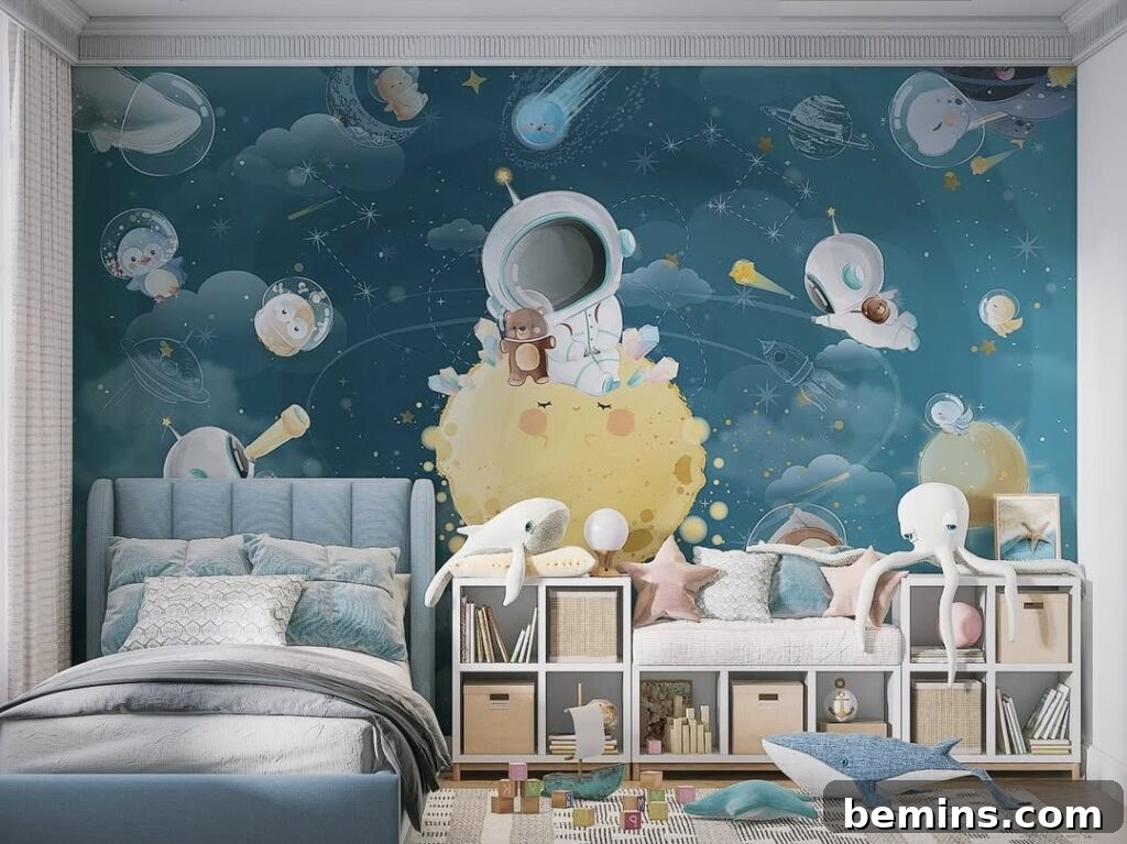 Launch Their Imagination: 20 Ultimate Space-Themed Kids Room Ideas 4 Kids' room featuring a striking blue space-themed wallpaper mural with planets and stars, creating an adventurous atmosphere.