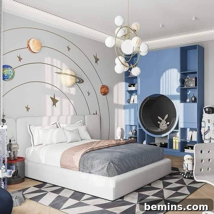 Launch Their Imagination: 20 Ultimate Space-Themed Kids Room Ideas 5 A children's bedroom wall adorned with colorful space-themed decals depicting stars and planets, creating a playful and educational environment.