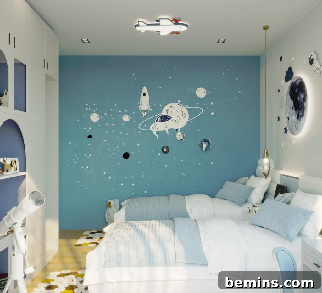 Launch Their Imagination: 20 Ultimate Space-Themed Kids Room Ideas 6 A kid's bedroom featuring vibrant space-themed wallpaper panels, creating an imaginative and colorful environment.