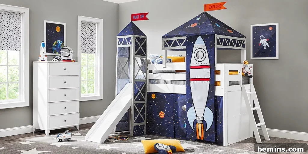 Launch Their Imagination: 20 Ultimate Space-Themed Kids Room Ideas 8 A thrilling rocket ship-themed bed designed for kids, complete with a slide and tent, turning the bedroom into an exciting adventure zone.