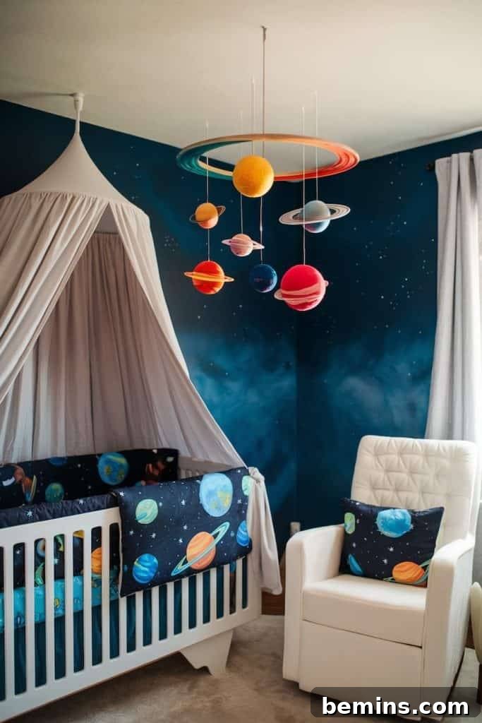 Launch Their Imagination: 20 Ultimate Space-Themed Kids Room Ideas 9 A serene nursery room featuring a crib adorned with hanging planets and celestial elements, creating a peaceful space for a baby astronaut.