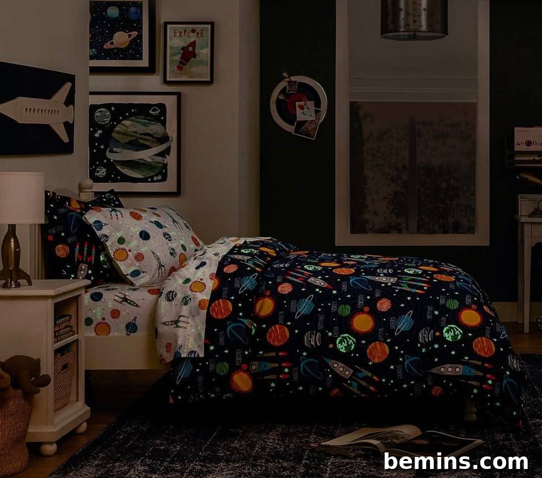 Launch Their Imagination: 20 Ultimate Space-Themed Kids Room Ideas 10 A child's bedroom with glow-in-the-dark bedding featuring stars and planets, creating a magical and comforting nighttime environment.