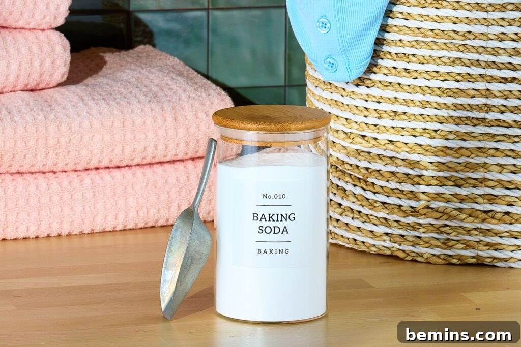 Sustainable, Eco-Friendly Alternatives to Dryer Sheets 6 Baking soda in a laundry room setting, emphasizing its role in laundry care.