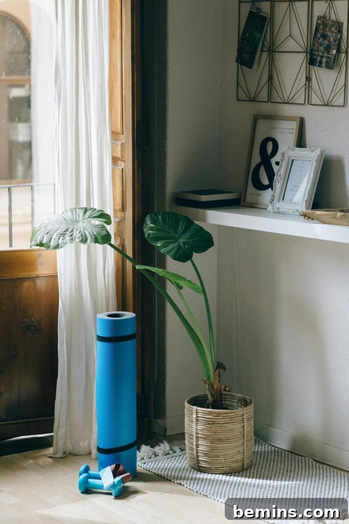 Maximizing Your Small Space: Smart Home Gym Design Ideas 2 A serene corner of a home featuring a plant, yoga mat, and dumbbells for a healthy lifestyle.