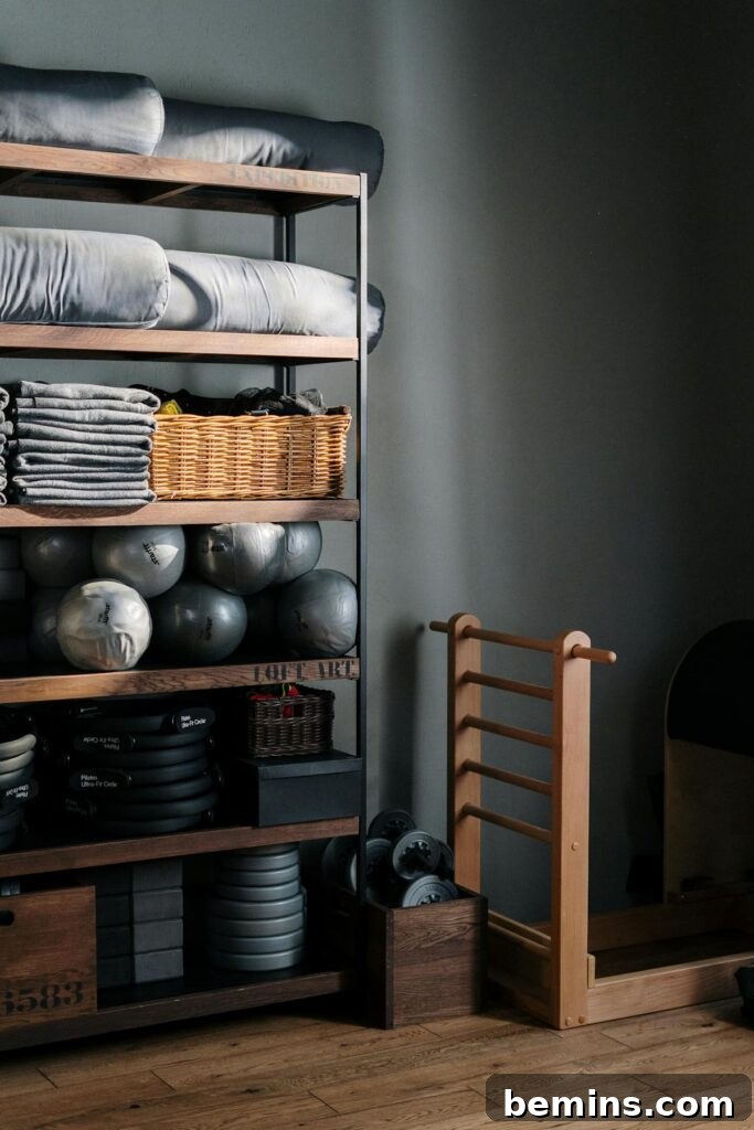 Maximizing Your Small Space: Smart Home Gym Design Ideas 15 Neat arrangement of gym equipment and yoga mats in a modern fitness studio.
